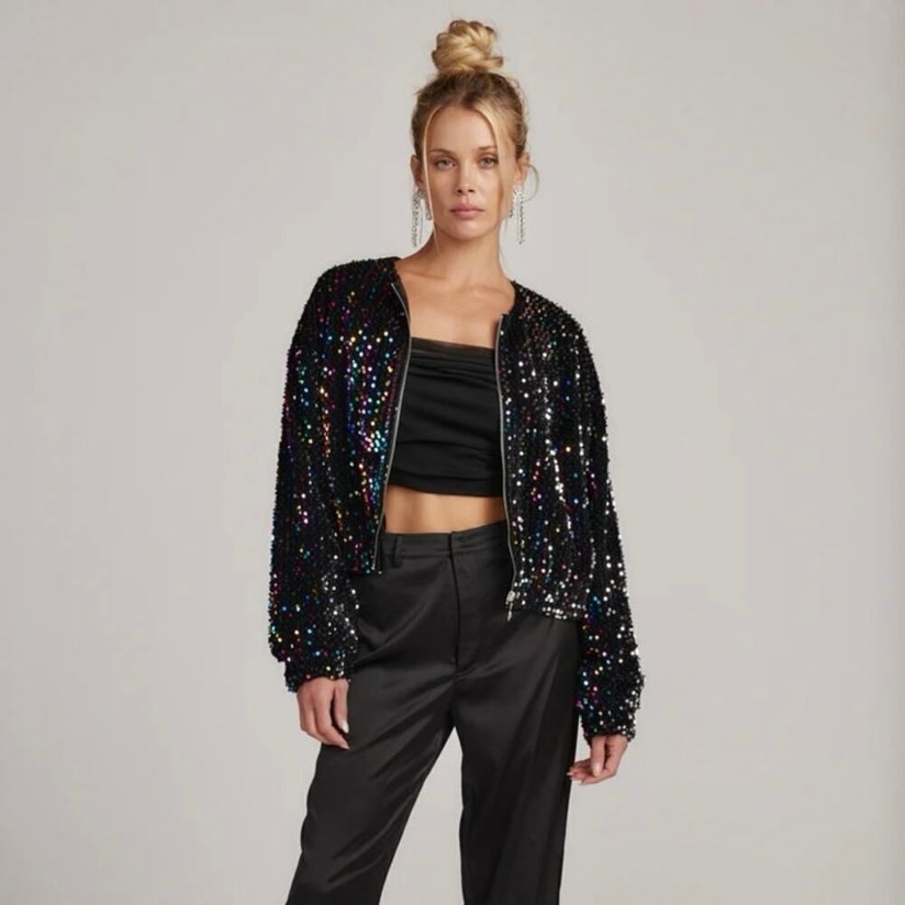 NWOT 12th Tribe Ozzy Black Multicolor Sequin Bomber Jacket Women’s Small